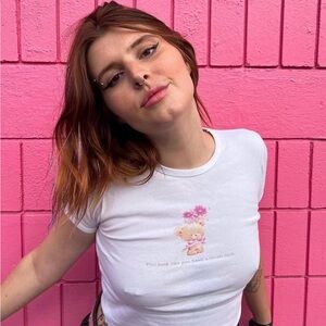 White Graphic Crop Tee with Teddy Bear Detail